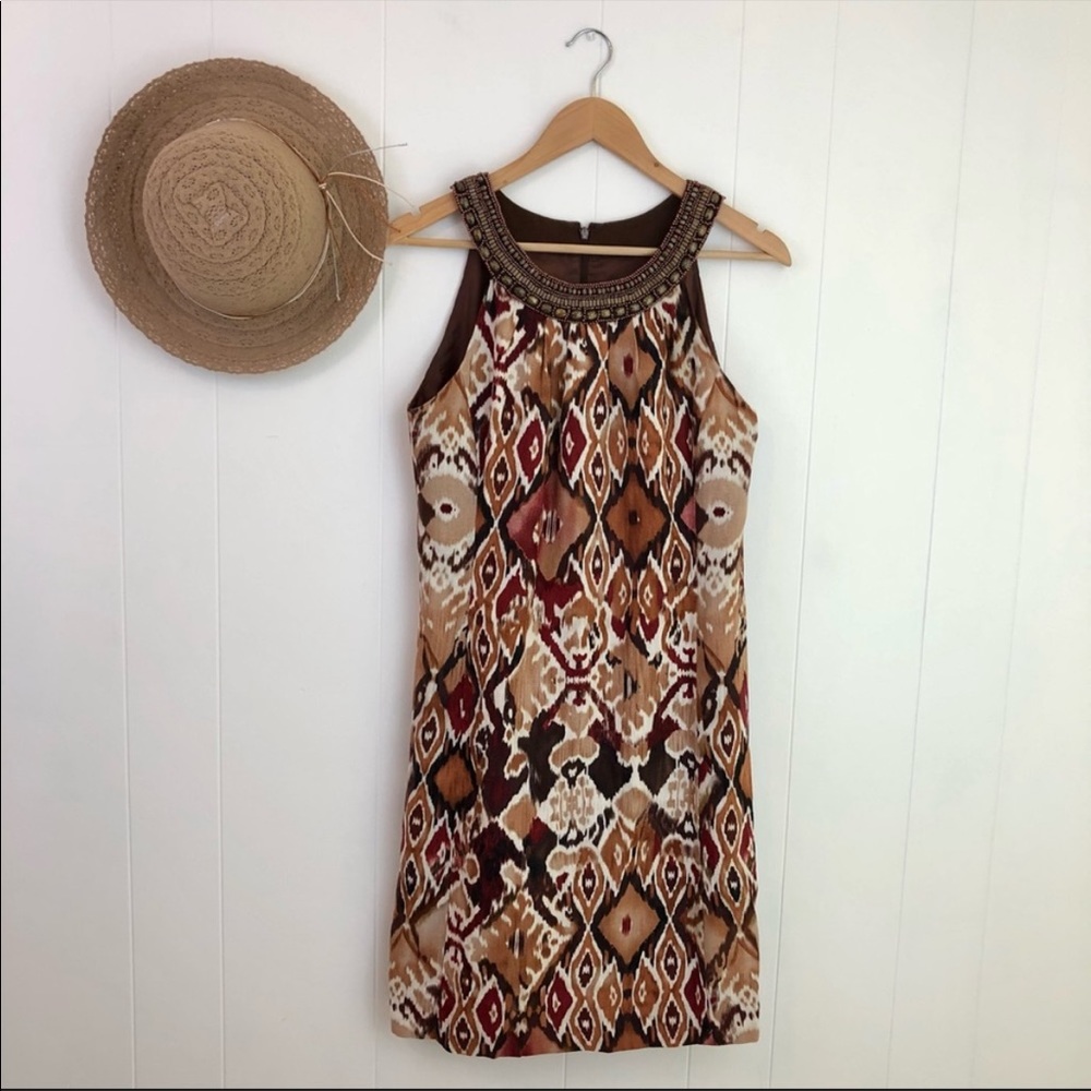 ELIZA J NEW YORK IKAT BEADED DRESS SZ 10